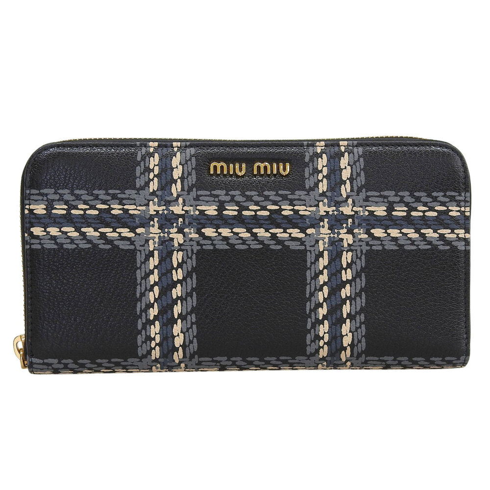 Miu Miu MIUMIU 5ML506 MADRAS ST.CHECK Leather Round Zip Long Wallet (Black, G...